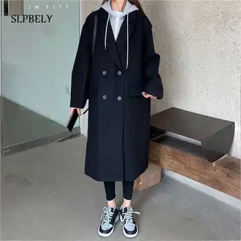 SLPBELY 2021 Sonbahar Kış Sahte İki Parçalı Kadın Yün Ceket Sıcak Uzun Kruvaze Siyah Palto Gevşek Sıcak Zarif Giyim