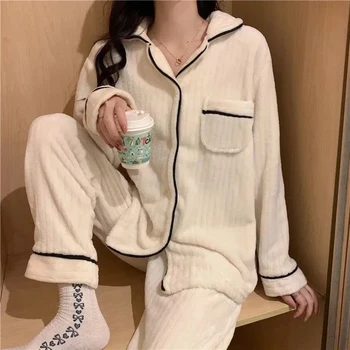 Pazen Pijama Setleri Kadın Kış İki Parçalı Ev Takım Elbise Pijama Sıcak Kore Tarzı Basit Rahat Moda Vintage Şık Pajymas 2022