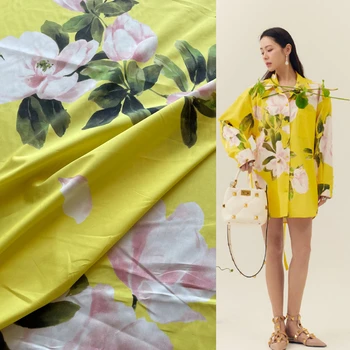 100 % Polyester Baskılı Sarı Kumaş Marka Giyim Moda Gömlek pamuklu Poplin Kumaş Bez Elbise Metre Başına