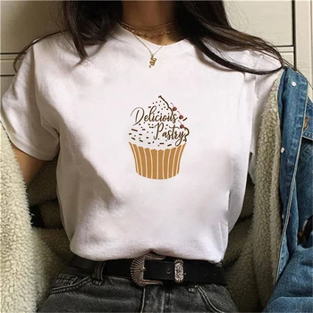 T-Shirt Kadınlar İçin dondurma Baskı Karikatür 90s Rahat Üst Bayan Bayan Harajuku Grafik T Shirt Bayanlar dişi t parça T-Shirt
