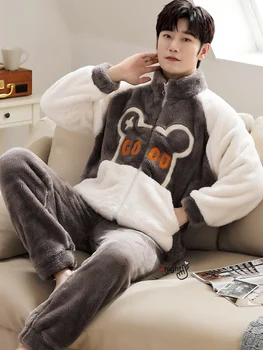 Büyük boy M-5XL Kış Adam Stand-up Yaka Pijama Dış Giyim Kıyafeti Peluş Tüylü Noel Pijama Erkek Polar Sıcak Pijama