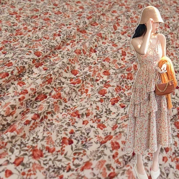 50 * 150cm Taze Pastoral Bej Çiçek Şifon Kumaş Sling Etek Elbise kadın El Yapımı DIY Kumaş