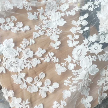 Süt İpek İşlemeli Çiçek Tül Örgü Dantel dikiş kumaşı düğün elbisesi V2173