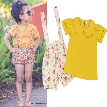 DFXD Yeni Moda 2017 Bebek Kız Yaz Giyim Setleri Topraklar Sarı Turn Down Yaka Üst + Çizgili Çiçek Kısa Pantolon Kızlar Kıyafetler