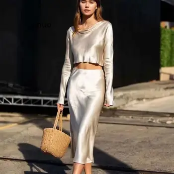 Zarif Ipek Saten Iki 2 Parça Etek Seti Kadın Kıyafetleri Bahar Moda Uzun Kollu Bluz Gömlek + Uzun Etekler Eşleşen Setleri