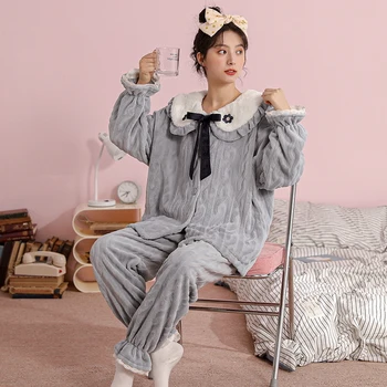 Pazen Kadın Pijama Kalın Sıcak Kış 2 parça Set Pijama Kadın Açık Mavi Tatlı Sevimli Bayanlar Turn-aşağı Yaka Yay Pijama