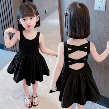 Bebek kız giysileri Siyah elbiseler geri Çapraz sapanlar Hollow Kolsuz yelek etek Yaz Bebek Yürüyor Bebek çocuk Elbiseleri