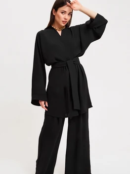 Lınad Gevşek kadın Ev Giysileri 2 Parça Setleri Siyah Uzun Kollu Pijama Sashes Kadın Rahat Pantolon Takım Elbise Bahar Pijama