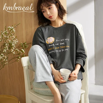 Kadınlar için pijama Takımı %100 % Pamuk Sonbahar PJS Uzun Kollu 2 Adet Basit Kore Tarzı Eğlence Yumuşak Gecelik Kış Artı Boyutu M-2xl