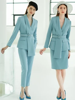 kadın ofis takım elbise seti profesyonel kadın ış bayan takım elbise artı boyutu gökyüzü mavi blazer pantolon tasarımcı terzi 2019 ücretsiz gemi