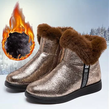 Bling Kar Botları Kadın Peluş Sıcak pamuklu ayakkabılar Kadın Kalın Alt Parlak Sıcak Çizmeler Kaymaz Rahat Kış Ayak Bileği Botas