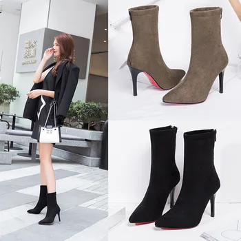 Yüksek Topuk Kırmızı Alt kadın ayakkabısı Sivri Burun Orta tüp Çizmeler Kadın yarım çizmeler Avrupa 2021 Yeni Süet Kısa Elastik Çizmeler Kadın