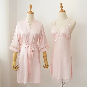 Seksi Elbise Gecelik İki Parçalı Takım Elbise Kadın Pijama Gecelik oyma dantel Kıyafeti Düğün Elbise Seti Gevşek Ev Giysileri