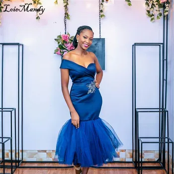 Maxi Çay Boyu gelinlik modelleri Uzun Zarif Kraliyet Mavi Afrika Düğün Konuk Elbise Parti Kıyafeti Aplike Dantel Vestido longo