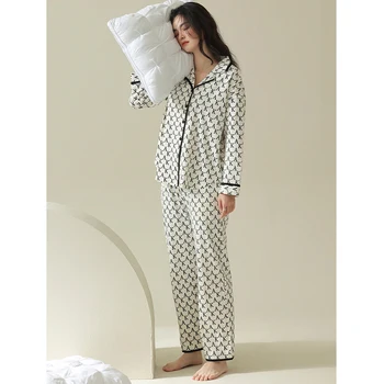 Kadın Pijama Takım Elbise İlkbahar / Yaz Yüksek Kaliteli Uzun Kollu Pantolon Mektup Pijama Bayanlar Ev Kıyafeti %100 % Pamuk
