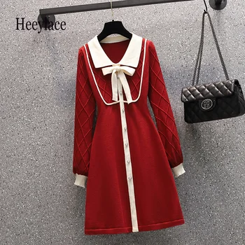 Bayanlar Süveter Sonbahar Kış Sıcak Örme Uzun Kollu Kırmızı Kazak Elbiseler Temel Fransız Vintage Yüksek Bel A-line Elbise