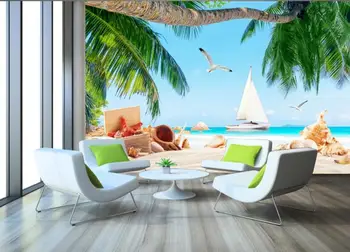 Özel Duvar kağıtları Ev Dekor Hindistan Cevizi ağacı plaj yelkenli deniz manzaralı Duvar Kağıdı 3D Oturma Odası Yatak Odası 3d Arka Plan Duvar