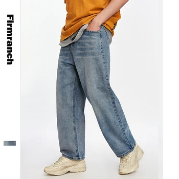 Firmranch Kot Erkekler İçin 2021 Yeni Temel Retro düz pantolon Harlan Geniş Bacak Gevşek Kot Öğrenci Beyazlatmak Mavi Uzun Kot Pantolon
