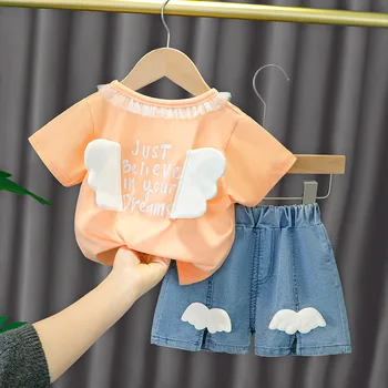 2021 Yeni Yaz Sevimli Bebek Kız Giysileri Setleri Karikatür Kanatları Ruffles Dantel Kısa Kollu T Shirt + Kot Şort Çocuk Çocuk Giysileri