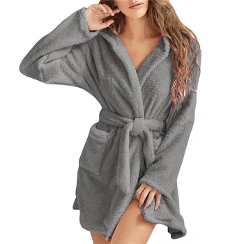 Kadınlar Sıcak Peluş Dantel-Up Pijama Sonbahar Kış Kadın Düz Renk Hırka Yaka Cep Orta Uzunlukta Ceket Kapşonlu Ev Bornoz