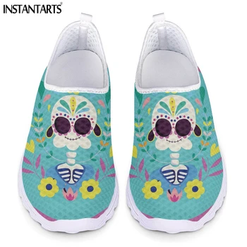 INSTANTARTS Karikatür Şeker Kafatası Çiçek Desen düz ayakkabı Kadınlar için Yaz Slip-on Mesh Sneakers nefes alan loafer'lar Zapatillas