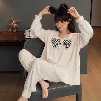 Yaylar Sevimli Pamuklu Pijama Seti Kadınlar İçin Sonbahar Pijama 2 Parça Set Kare Yaka Kore Moda Kıyafeti nuisette femme