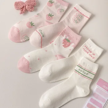 Yeni Bahar ve Yaz Tatlı Çilek Baskı Çorap Kadın Pembe Bükülmüş Tüp Çorap Çilekli Süt Kız Öğrenci Tüm Maç Çorap