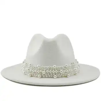 Fedora Yün Caz Şapka Rahat Erkek Kadın Deri Inci şerit dokulu şapka beyaz pembe sarı Panama Fötr Resmi Parti Kap 58-61 CM  