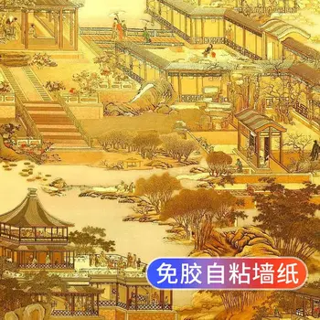 Kendinden Yapışkanlı Çin Tarzı Duvar Kağıdı Qingming Shanghe Harita Altın Klasik Restoran Dekor Zen Manzara Boyama duvar kağıdı