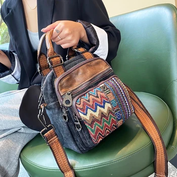 Vintage Tuval Gerçek Deri Çanta ile Kadınlar için Geometrik Desen Çantalar ve Çanta Üst Kolu Tote Çanta Omuz Yan Çanta
