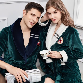 Flanel Uzun Elbise Kimono Kıyafeti Çift Pijama Kış Sıcak Kalınlaşmak Gecelik Lovers ' Mercan Polar Loungewear Yaka Gecelik