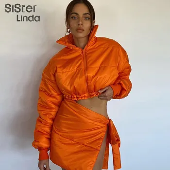 Sisterlinda Sonbahar Kalınlaşmak Kadın İki Parçalı Set Fermuar Kısa Ceket + Düzensiz Etek Basit Rahat Sokak Kadın Eşleşen Outfit2021