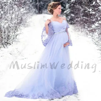 Leylak Hamile düğün elbisesi es Bebek Duş İçin 2020 Kış Boho Dantel düğün elbisesi Spagetti Sapanlar Yarasa Kollu Boncuklu Gelin