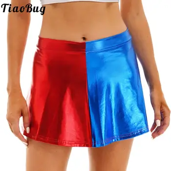 Tiaobug Bayan Metalik Parlak Kırmızı Mavi Renk Blok Alevlendi A-line Etekler Moda Ruffled Mini Etek Clubwear Amigo Kostümleri