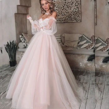 Prenses Allık Pembe düğün elbisesi 2021 Kapalı Omuz Boho Tül Dantel Aplikler A-Line Puf Kollu Gelin Backless gelin kıyafeti