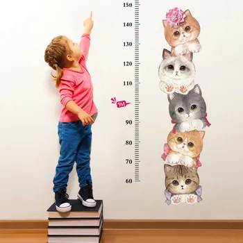 5 Sevimli Kediler Yükseklik Çıkartmalar çocuk Odası Oturma Odası Anaokulu Mağaza Cam Büyümek Cetvel Odası Dekoratif Sticker PVC