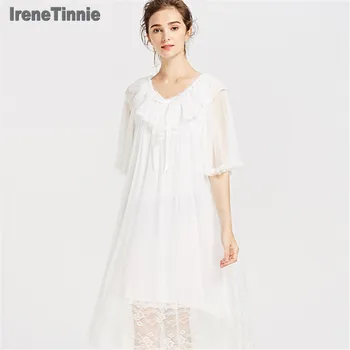 Irene Tinnie Tatlı Vintage Summe Prenses Pijama kadın gece elbisesi Zarif Dantel Nightgowns Kısa Kollu Tatil Pijama