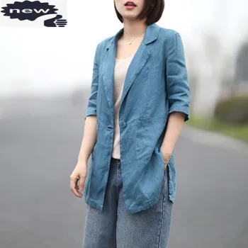 Yaz Harajuku Keten günlük giysi Ceket Kadın Tek Düğme Yaka Düz Renk Yarım Kollu Gevşek Fit Mavi Blazer Kadın Mont