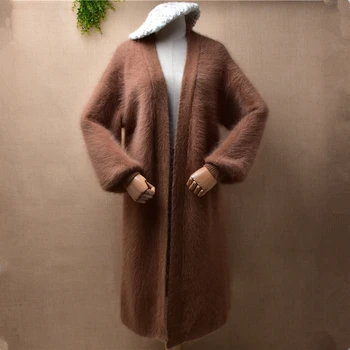 kadın kadın sonbahar kış giyim tüylü vizon kaşmir örme uzun fener kollu gevşek hırka angora kürk uzun kazak ceket