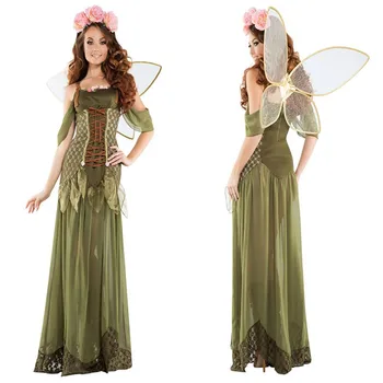 Cadılar bayramı Cosplay Kostüm kadın Elbise Orman Peri Çiçek Peri Oyun Kostüm Tanrıça Elbise Yeşil Kanatlı Takım Elbise Anime Giysi