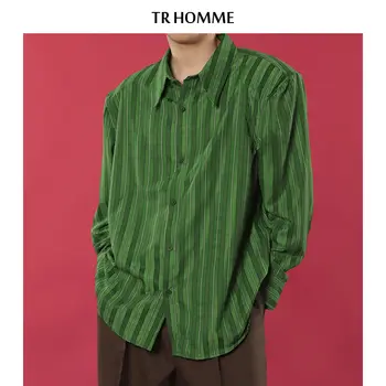 Yeni Yüksek dereceli Yeşil Çizgili Uzun Kollu Gömlek Erkekler Omuz Pedleri Gevşek Düğme Yukarı Gömlek Kadın Kore Tarzı Sonbahar Erkek giyim