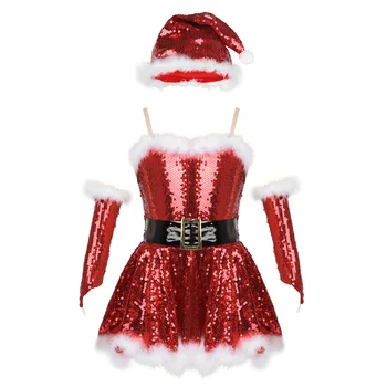 Çocuk Kız Noel Santa dans kostümü 3 Adet Kıyafet Ayarlanabilir Omuz Sapanlar Sequins Buz Pateni Bale Dans Leotard Elbise