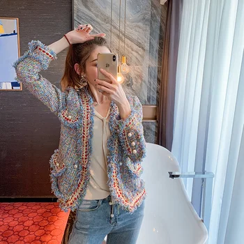 Yeni Yüksek Kaliteli Tasarımcı Kadın Tüvit Ceketler V Boyun 2022 Yeni Bahar Sonbahar kadın Uzun Kollu İnci Düğme İnce Tüvit Mont