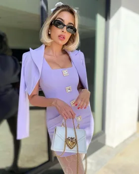 Zarif Mor Elbise Setleri Kadınlar için Kısa Blazer Ceket + Kolsuz Mini Elbiseler İki Parçalı Takım Elbise Ofis Bayan Kıyafetler