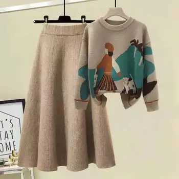 Yeni Kış Rahat Örme Takım Elbise Kadın Karikatür Baskı Kazak Kazak + A-line Etek Seti İki Parçalı Kıyafet Artı Boyutu Eşofman