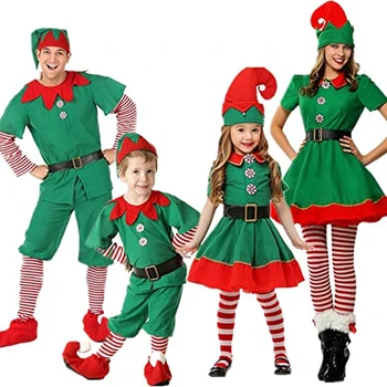 Erkek Noel Elf Kostüm Kızlar Noel Santa Elf Elbise Şapka Kemer Çorap Seti Ebeveyn-çocuk kıyafeti Çocuklar için Cosplay Giyim