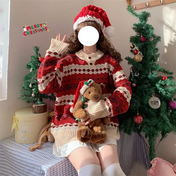 Japon Kış Tatlı Yumuşak Kız Gevşek Rahat JK Kazak Kawaii O-Boyun Vintage Tembel Sıcak Tutmak Noel Kırmızı Örgü Kazak