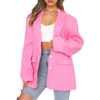 2021 kadın Moda Düz Renk Gevşek Takım Elbise Casual Düğme Aşağı Çentikli Yaka Uzun Kollu Blazers Streetwear Bayan Mont