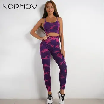 NORMOV Dikişsiz Örgü Kravat Boyalı yoga kıyafeti Yüksek Bel Elastik spor elbise Bayan İki Şeftali Kalça Egzersiz Seti
