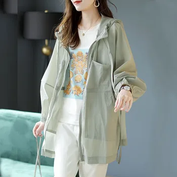 Ceketler Kadın Kapşonlu Moda İnce Şeffaf Şık Yumuşak Yaz Femme Katı Ins Kore Tarzı Güneş geçirmez Harajuku Yüksek Sokak Tatil Yeni